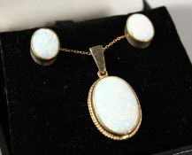 A 9CT GOLD OPAL NECKLACE AND EARRINGS.