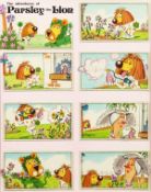 BILL MEVIN (1922-2019) EIGHT SCENES, THE ADVENTURES OF PARSLEY THE LION. 14ins x 11ins.