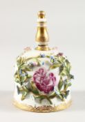 A DRESDEN PORCELAIN FLOWER ENCRUSTED BELL.