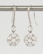 A GOOD PAIR OF 18CT WHITE GOLD AND DIAMOND DROP EARRINGS.