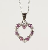 A 9CT GOLD, SAPPHIRE AND DIAMOND HEART NECKLACE.