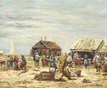 20th century continental school, A beach scene with figures at a Fish market, oil on board,