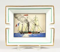 A HERMES, PARIS PORCELAIN PADDLE STEAMER ASHTRAY 7.75ins x 6.25ins.