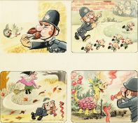 BILL MEVIN (1922-2019) FOUR SCENES, MR POLICEMAN. 11ins x 11.5ins.