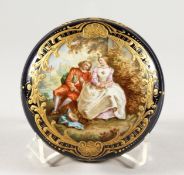 A GOOD SEVRES RICH BLUE PORCELAIN CIRCULAR POWDER BOWL AND COVER, the lid painted with young lovers.