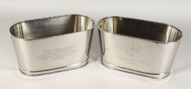 A PAIR OF MINIATURE PLATED OVAL WINE COOLERS. 11.5ins long.