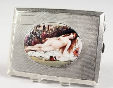 AN ENGINE TURNED SILVER CIGARETTE CASE, with an oval of a nude.