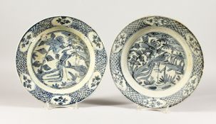TWO CHINESE WANLI PERIOD BLUE AND WHITE PEACOCK DESIGN PLATES. 11ins diameter.