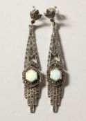 A PAIR OF SILVER, OPAL AND MARCASITE DROP EARRINGS.
