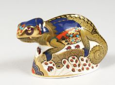 A ROYAL CROWEN DERBY CHAMELEON LIZARD PAPERWEIGHT, gold stopper and box.