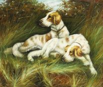 20th century school, A study of two working dogs resting on a bank, oil on canvas, indistinctly