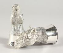 A PAIR OF .925 SILVER PLATE HORSES HEAD SALT AND PEPPER.