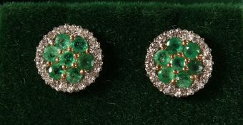 A PAIR OF 9CT GOLD, EMERALD AND DIAMOND CLUSTER EARRINGS.