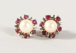 A PAIR OF RUBY AND PEARL EARRINGS.