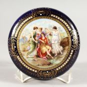 A VICTORIAN BLUE CIRCULAR POWDER BOWL AND COVER, the lid with classical figures. 5ins diameter.