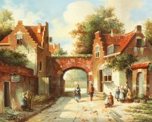 20th century Continental school, A street scene with figures and a gatehouse, oil on board,