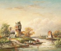 20th century continental school, A river landscape with figures and a windmill beyond, oil on