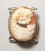 A GOOD WHITE GOLD CAMEO BROOCH set with diamonds.