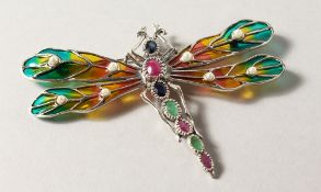 A SILVER, SAPPHIRE, RUBY, EMERALD AND PEARL DRAGONFLY BROOCH.