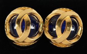 A GOOD PAIR OF CHANEL BLUE AND ENTWINED GILT CC EARRINGS, in a blue leather box.
