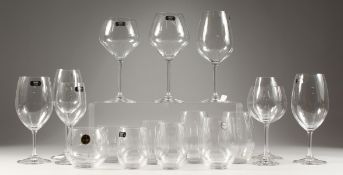 NINE VARIOUS RIEDEL TYROL CRYSTAL GLASSES AND EIGHT TUMBLERS.