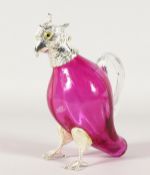 A SMALL CRANBERRY GLASS COCKATOO JUG with plated head and feet. 6ins high.