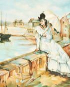 20th century, Study of a lady sat by the harbour side with a distant gaze, oil on canvas, signed 'E.