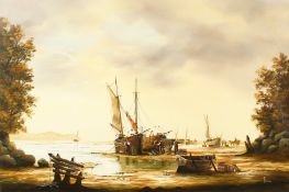 20th century school, boats unloading at low tide, oil on canvas, indistinctly signed, 24