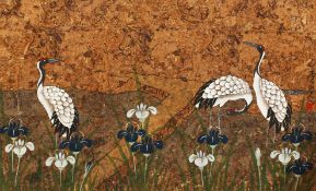 20th century Asian school, storks in a landscape, mixed media, unframed, 17