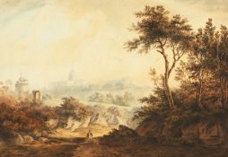 A follower of J. Glover (1767-1849), British, Landscape with figures in the foreground and a distant