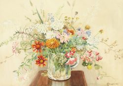C. Horvath (20th century), A still life of mixed flowers in a glass jug, watercolour, signed and
