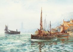 Frederick William Scarborough (1860-1939) British, Boats in the harbour with a rocky coastline