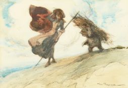 Tom Browne, early 20th century British, Two figures tending the crop and bringing in the sheaves,