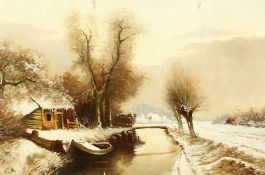 19th-century British school, A river scene in winter with a cottage and a boat, oil on canvas,