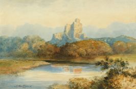 J MacDiarmid (19th/20th century) A view of castle ruins on a hilltop with a river and sheep,