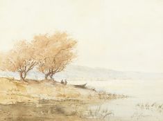 Late 19th century continental school, figures by a lake, watercolour, indistinctly signed and