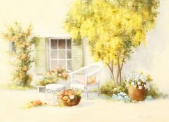 Peter Motz (1934-2003), A continental courtyard scene with blossoming flowers, oil on canvas,