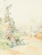 Burmese/Malayan school?, View of a monument in the grounds of the temple, watercolour. 11