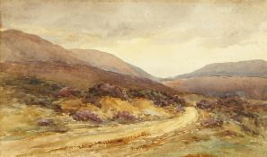 Manner of Percy French (1854-1920) Irish, A heathery moorland landscape, watercolour, gilded oak