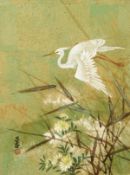 19th century Japanese school, A gliding stork with foliage below, mixed media, signed and sealed,