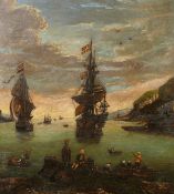 19th century school, Ships in a rocky Bay, with figures in Eastern costume, oil on canvas, 34