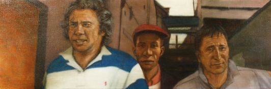 Ray Richardson (b.1964), 'Barrowboys' 2011, Three male figures, oil on canvas, signed verso and