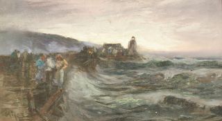 Attributed to Bartram Hiles (1872-1927) British, A scene of figures by the sea at dawn, oil on