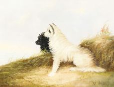 W. Warren (19th century) British, Terriers resting in a coastal landscape, oil on canvas, signed,