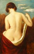 19 century school, A study of a female nude in a landscape, oil on oak panel, 21