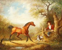 G. W. Thrip, a scene of a man and his dog with a wild horse, oil on panel, signed, 8