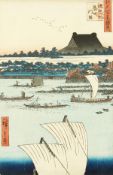 Hiroshige (1797-1858) Japanese, Hongwan Temple with fishing scene in the foreground, woodblock,