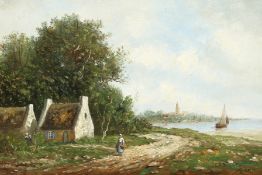 French school (early 20th century), A lakeside scene with figures, cottages and a church spire in