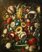Early 20th century English school, A still life of mixed flowers in a glass bowl, oil on canvas, 30