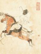 20th century Japanese school, a figure with a riding crop on a galloping horse, ink & wash,